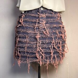 #0182-Frayed Denim Skirt in Pink and Blue-M